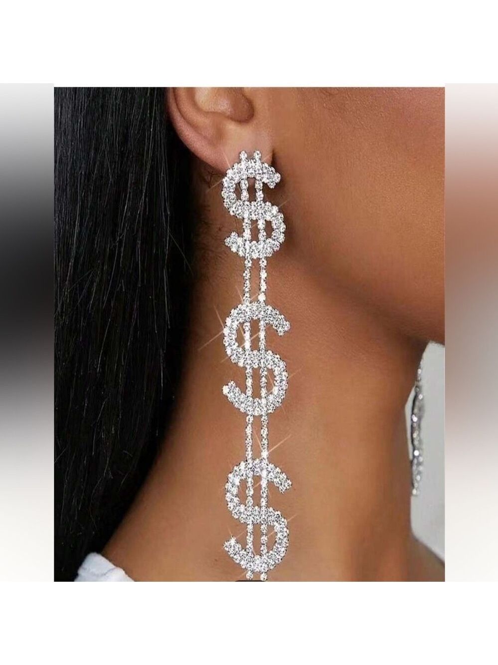 1pair Silver Dollar Sign Long Pendant Earrings Accessory Silver / one-size